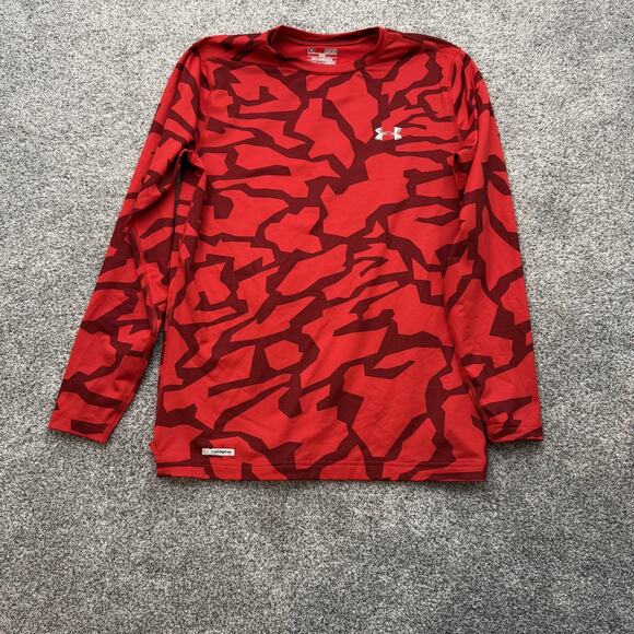 Under Armour Shirt Mens Medium Red ColdGear Fitted Camo Long Sleeve Athletic - Picture 1 of 16